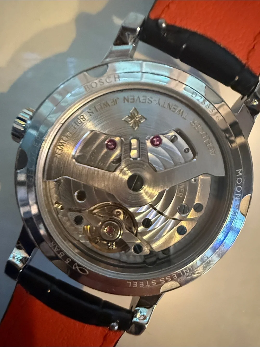 Agelocer Van Gogh moon watch automatic with leather strap exhibition back